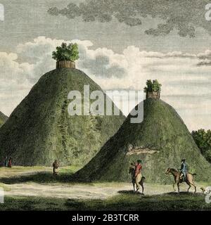 The Bartlow Hills, formerly a Roman tumuli cemetery, at Bartlow in Cambridgeshire, England.  Detail of engraving published c. 1779.  The Hills, near the village of Ashdon in Essex, were once believed to be the last resting place of soldiers killed at the Battle of Ashington in 1016. Stock Photo