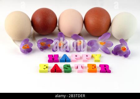 Easter composition with easter eggs, spring flower Saffron crocus and colorful text Happy easter. Greeting card. Stock Photo