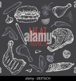 Meat products black template featuring sketches of cold meats, sausages, hamburger, steak, chicken, vegetables. Stock Vector