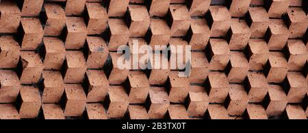 Panoramic background of wide old red brick wall texture. Home or office design backdrop. Stock Photo