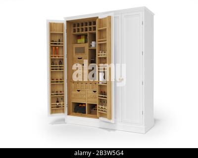 3D rendering wooden organizer kitchen cabinet on white background with shadow Stock Photo