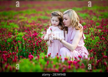 Beautiful smiling child girl with young mother in family look in field of clover flowers in sunset time Stock Photo