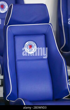 Rangers Football Club manager's seat in the team dug-out, Ibrox football stadium, Govan, Glasgow, Scotland, UK Stock Photo