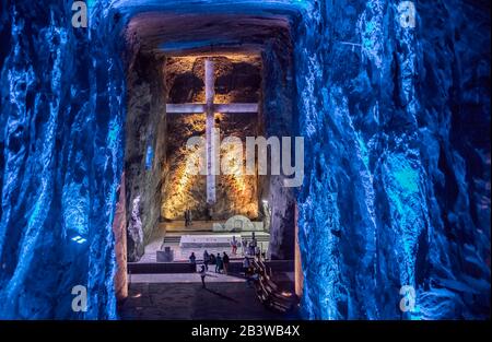 The Salt Cathedral of Zipaquirá is an underground Roman Catholic church built within the tunnels of a salt mine underground in a halite mountain near Stock Photo