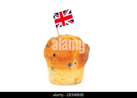 Cupcake with UK flag on toothpick isolated on white background, concept picture Stock Photo