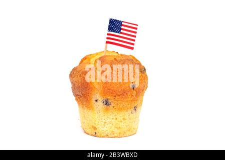 USA Paper Flag on toothpick and sweet cupcake isolated on white Background Stock Photo