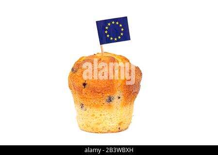 Cupcake with EU flag on toothpick isolated on white background, concept picture Stock Photo
