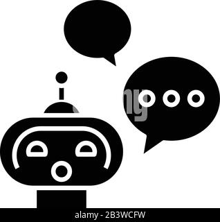 Talking robot black icon, concept illustration, vector flat symbol, glyph sign. Stock Vector