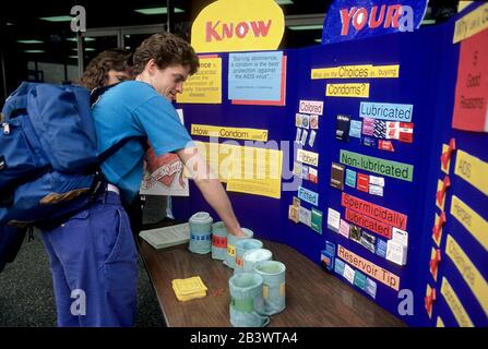 Austin, Texas USA, 1990: Condom awareness display at the University of Texas campus. ©Bob Daemmrich Stock Photo