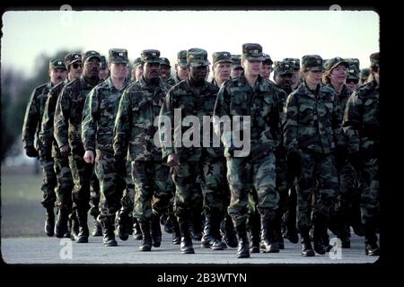 San Antonio Texas USA: U.S. Army soldiers march in formation during exercises at Fort Sam Houston. ©Bob Daemmrich Stock Photo