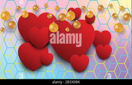 hearts on honeycomb texture with globe Stock Vector