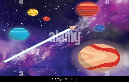 space ship in a outer world near planets Stock Vector