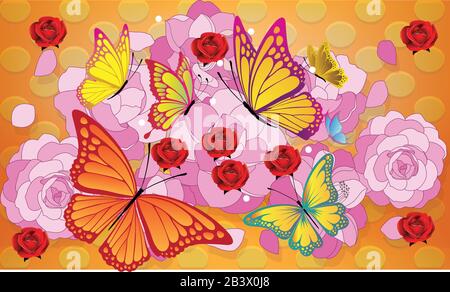 butterflies are flying on Rose flower Stock Vector