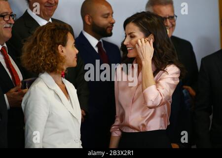 Madris, spain, 05/03/2020.- Queen Letizia and Meritxell Batet president of the Spanish parliament. president Queen of Spain Letizia, together with the Minister of Health, Salvador Illa, presides over the central act of World Rare Disease Day, which is celebrated with the motto 'Grow with you, our hope'. In the city of BBVA in Madrid with the assistance of the president of the Congress, Meritxell Batet; the Spanish Federation of Rare Diseases (Feder in Spanish), Juan Carrión, and that of BBVA, Carlos Torres. On Feder's 20th anniversary, the queen wanted to recognize the work of the 368 associat Stock Photo
