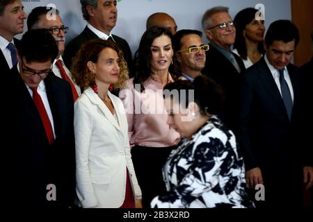 Madris, spain, 05/03/2020.- Queen Letizia observes Elena Lorenzo, mother of Montse with a rare degenerative metabolic disease that moved him with her phrase and attitude when presenting the ceremonyQueen of Spain Letizia, together with the Minister of Health, Salvador Illa, presides over the central act of World Rare Disease Day, which is celebrated with the motto 'Grow with you, our hope'. In the city of BBVA in Madrid with the assistance of the president of the Congress, Meritxell Batet; the Spanish Federation of Rare Diseases (Feder in Spanish), Juan Carrión, and that of BBVA, Carlos Torres Stock Photo