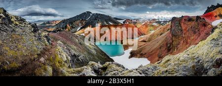 Panoramic view of colorful rhyolite volcanic mountains Landmannalaugar as pure wilderness in Iceland and a hidden highland lake, Iceland, summer time Stock Photo