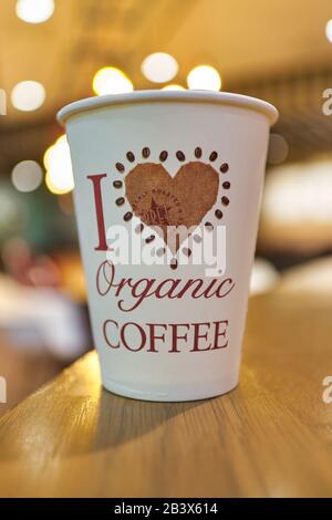 HONG KONG, CHINA - CIRCA JANUARY, 2019: close up shot of a paper cup on a table at Pret a Manger. Pret a Manger is an international sandwich shop chai Stock Photo