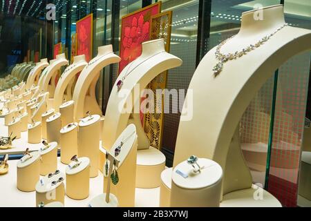 HONG KONG, CHINA - CIRCA JANUARY, 2019: jewelleries on display at Chow Tai Fook store in Hong Kong. Stock Photo