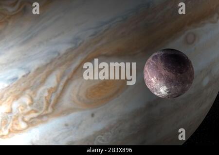 Jupiter planet and satellite Ganymede in the outer space. 3d render Stock Photo