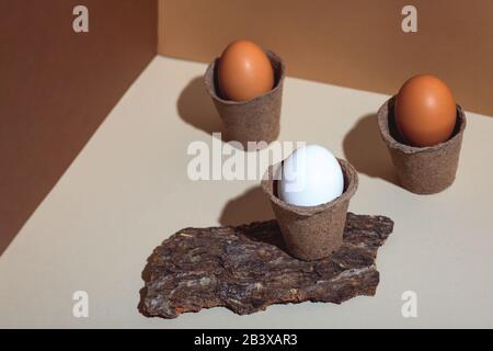 Three multicolored eggs in pots. Natural materials: bark of wood. Geometric lines, brown background. Stock Photo