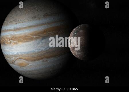 Jupiter planet and Callisto moon in the outer space. 3d render Stock Photo