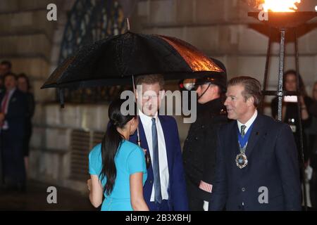 The Duke and Duchess of Sussex arrive at Mansion House in London to attend the Endeavour Fund Awards. Stock Photo