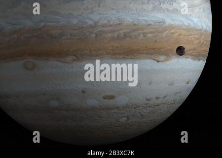 Jupiter planet and Ganymede moon in the outer space. 3d render Stock Photo