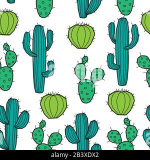 Cartoon seamless background with cactus pattern colored or black and white. Stock Vector