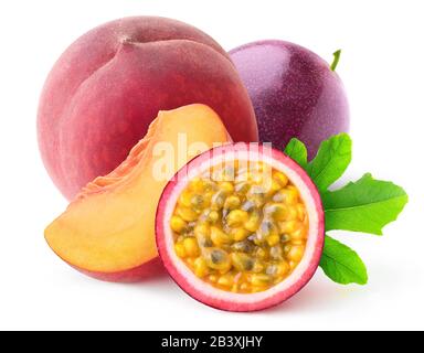 Isolated peach and maracuya. Cut passion fruit and sliced peach isolated on white background with clipping path Stock Photo