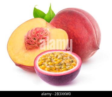 Isolated mixed fruits. Cut peach and passion fruit isolated on white background with clipping path Stock Photo
