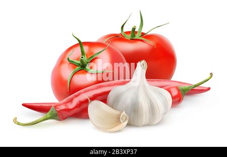 Isolated vegetables. Fresh tomatoes, garlic and chili pepper (arabbiata souce ingredients) isolated on white background with clipping path Stock Photo