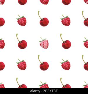 Hand painted seamless pattern with watercolor cherry and raspberry Stock Photo