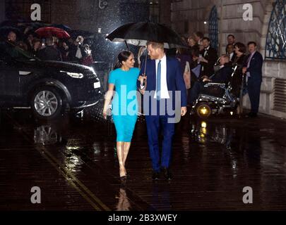 The Duke and Duchess of Sussex arrive at Mansion House in London to attend the Endeavour Fund Awards. Stock Photo