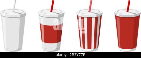 Disposable paper beverage cup templates set for soda with drinking straw. 3d blank white big red striped cardboard soft drinks packaging collection vector flat illustation Stock Vector