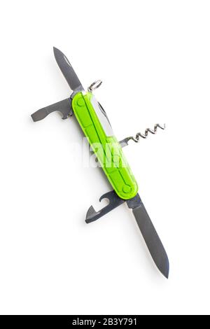 Green multi tool penknife isolated on white backgrond. Stock Photo