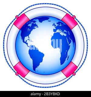 Concept illustration of the life buoy and earth globe. Elements of this image furnished by NASA. Source of map:  http://visibleearth.nasa.gov/view.php Stock Vector