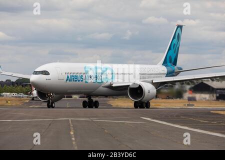 Farnborough, UK - July 17, 2018: Airbus flies the A330 NEO at the Farnborough Int'l Airshow, a new version of the A-330 widebody airliner Stock Photo