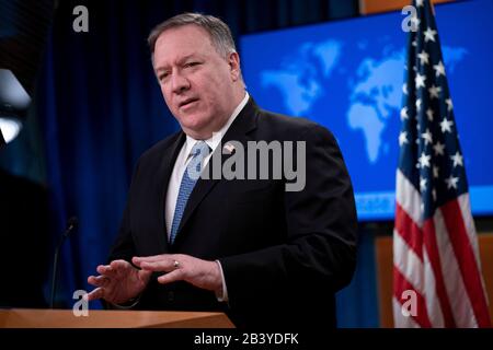 Washington, USA. 5th Mar, 2020. U.S. Secretary of State Mike Pompeo speaks during a press briefing in Washington, DC, the United States, on March 5, 2020. Pompeo said Thursday the increasing violence in some parts of Afghanistan was unacceptable, urging warring parties to 'stop posturing' before intra-Afghan peace talks. Credit: Liu Jie/Xinhua/Alamy Live News Stock Photo