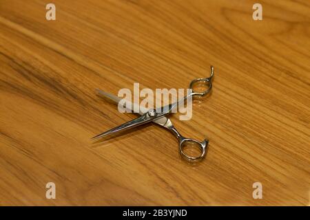 Hairdressing scissors. Professional haircut scissors isolated on wooden background. Silver metal, stainless steel scissors. Stock Photo