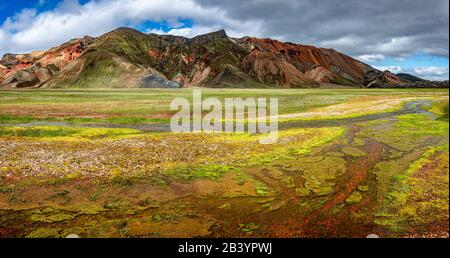 Panoramic view of colorful rhyolite volcanic mountains Landmannalaugar as pure wilderness in Iceland, summer time Stock Photo