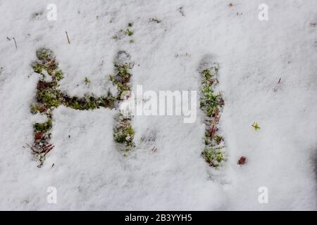 hello inscription on the lettering spring snow melt Stock Photo