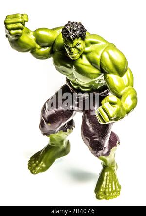 Action figure of a muscular angry green man, small toy Stock Photo