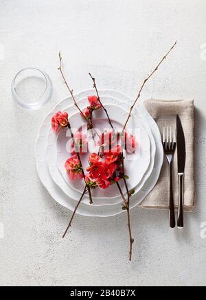 Spring table setting with flowering branches. empty plates. advertising. menu Stock Photo