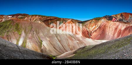 Panoramic view of colorful rhyolite volcanic mountains Landmannalaugar in Icelandic Highlands as pure wilderness in Iceland, summer, scenic view at bl Stock Photo