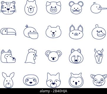 Cute animals cartoons line style icon set vector design Stock Vector