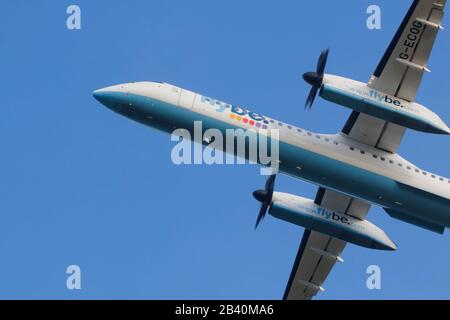 A Flybe bombardier making a landing at Leeds Bradford International Airport. Stock Photo