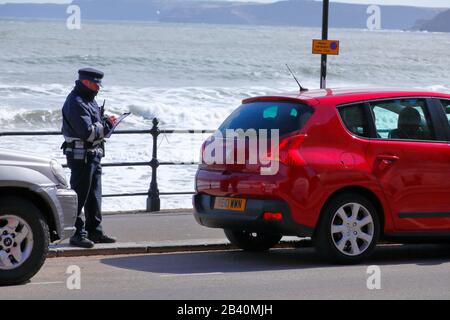 A traffic warden prepares a ticket for an illegally parked car. Stock Photo