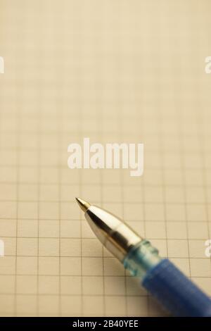 Ballpoint pen on a notepad in a cage. Macro photo. Copy space. Stock Photo