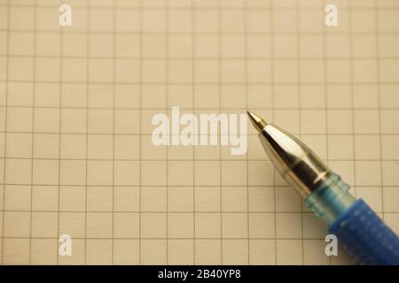 Ballpoint pen on a paper in a cage. Copy space. Stock Photo