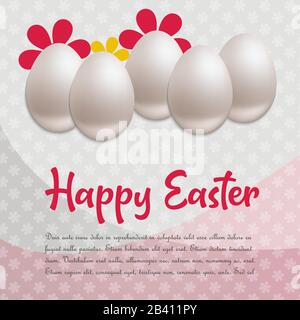 Happy Easter greeting card, egg realistic on congratulations, flowers background vector Stock Vector
